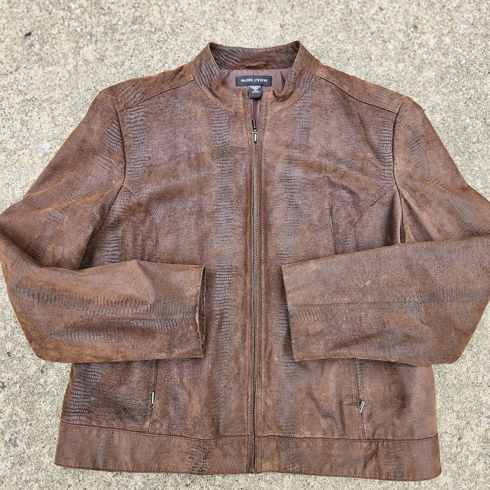 Valerie Stevens Genuine Leather Moto Jacket XL Brown Textured Snake Print Zip‎